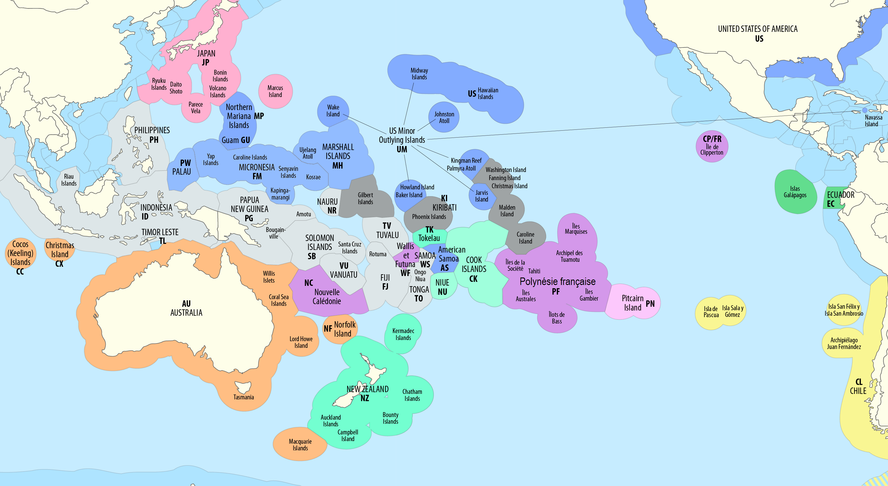 Map of exclusive economic zones of Pacific ocean