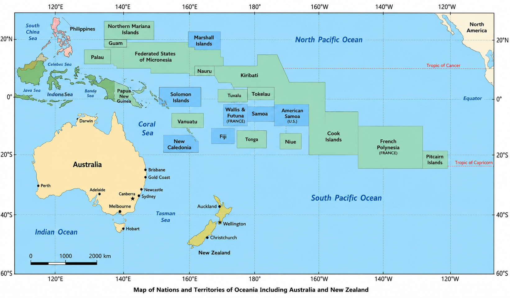 Oceania counties map with pacific ocean