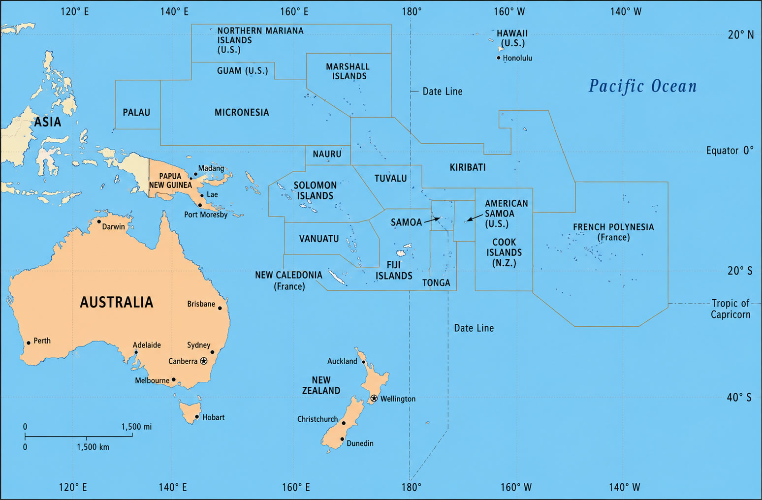 Oceania countries and territories map