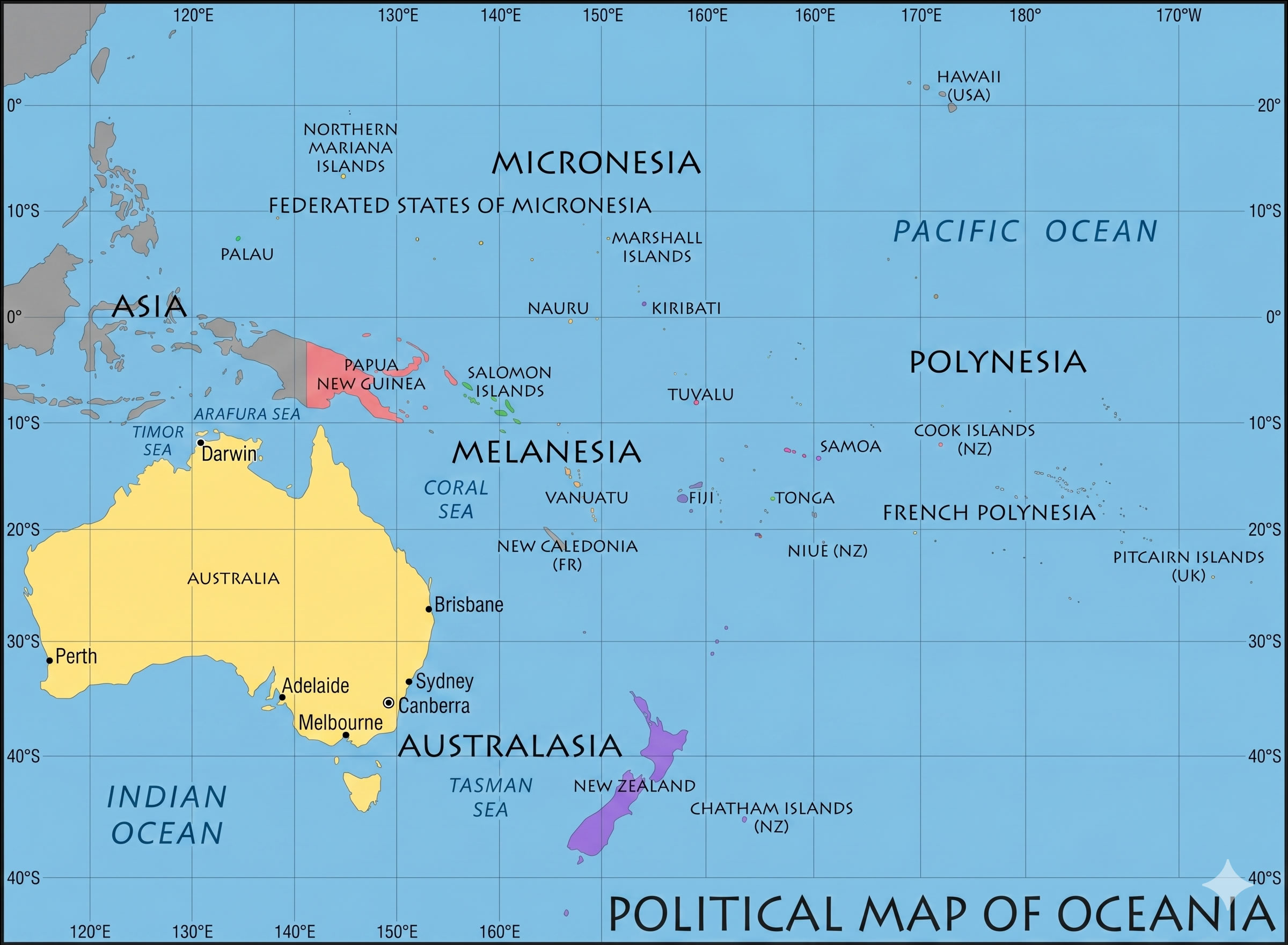 Oceania detailed political map with Australia
