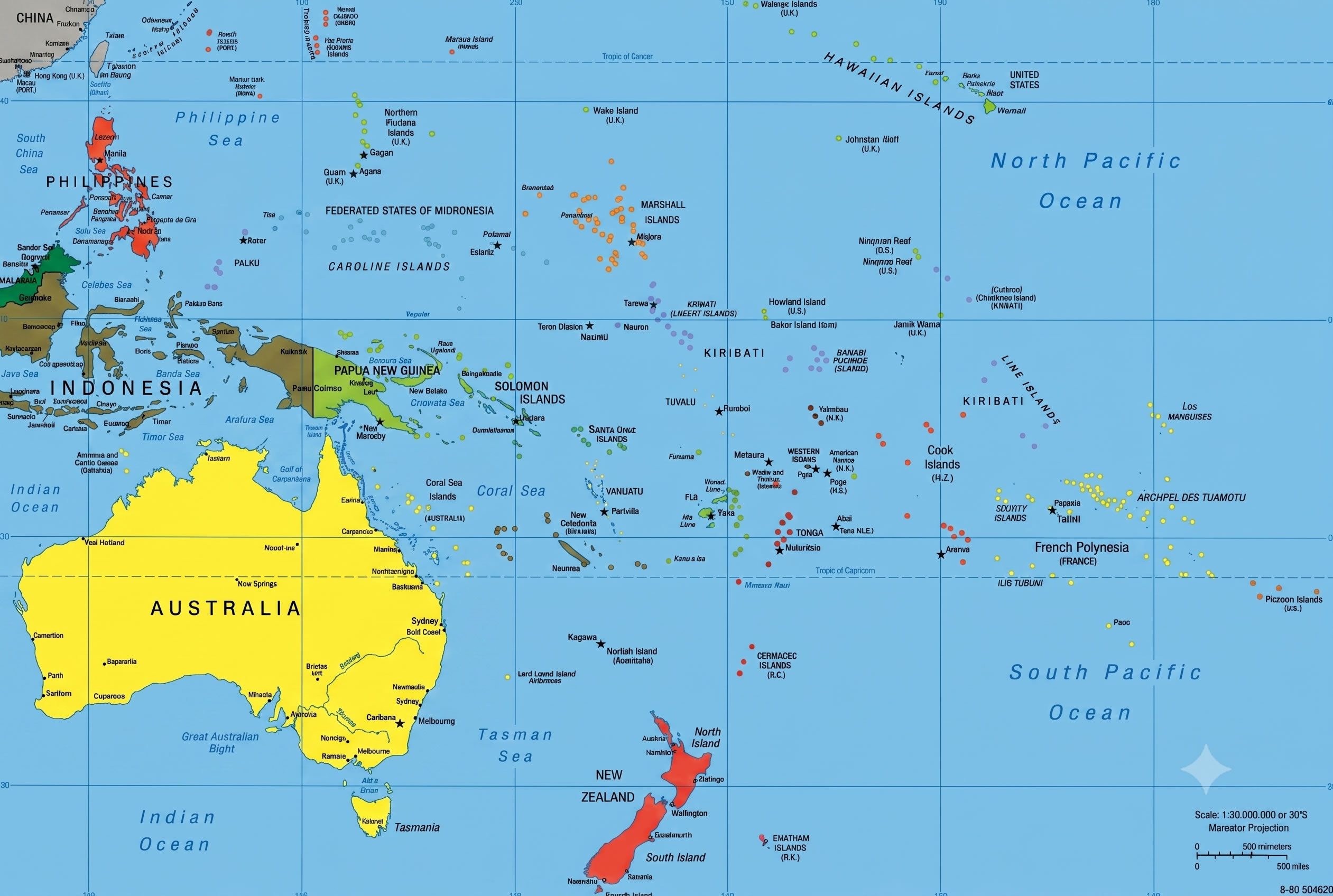 Oceania political map New Zealand and Australia