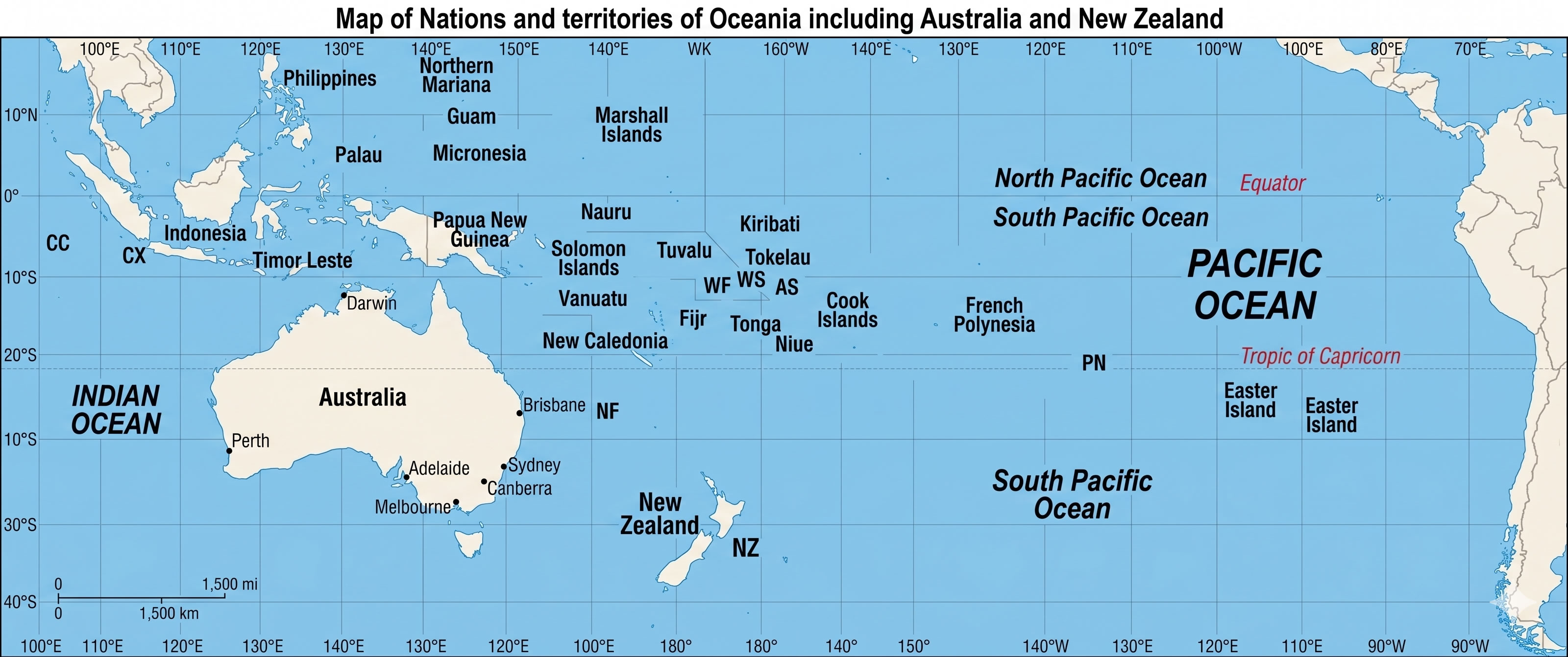 Oceania political map overview with Pacific Islands
