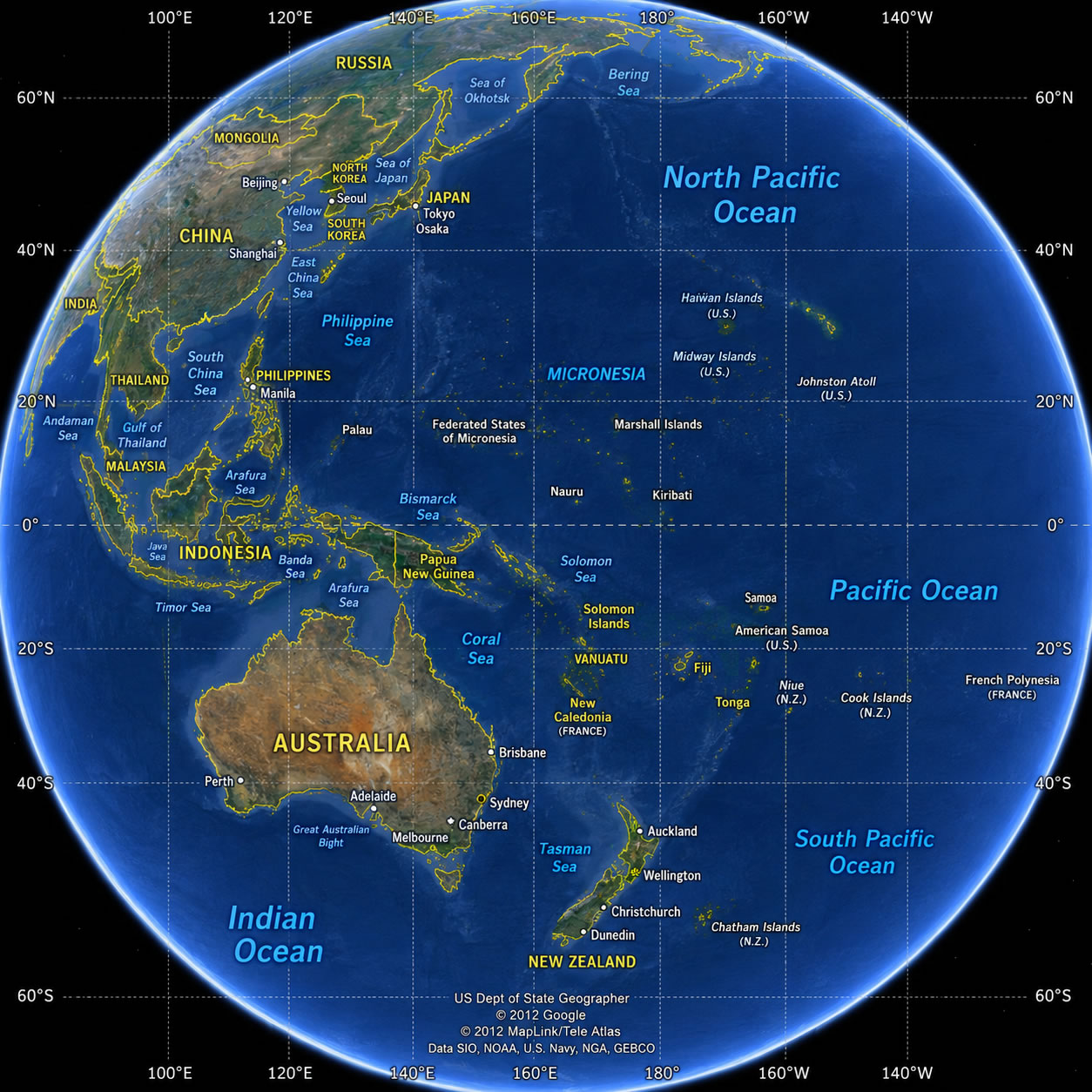 Oceania topographic globe map