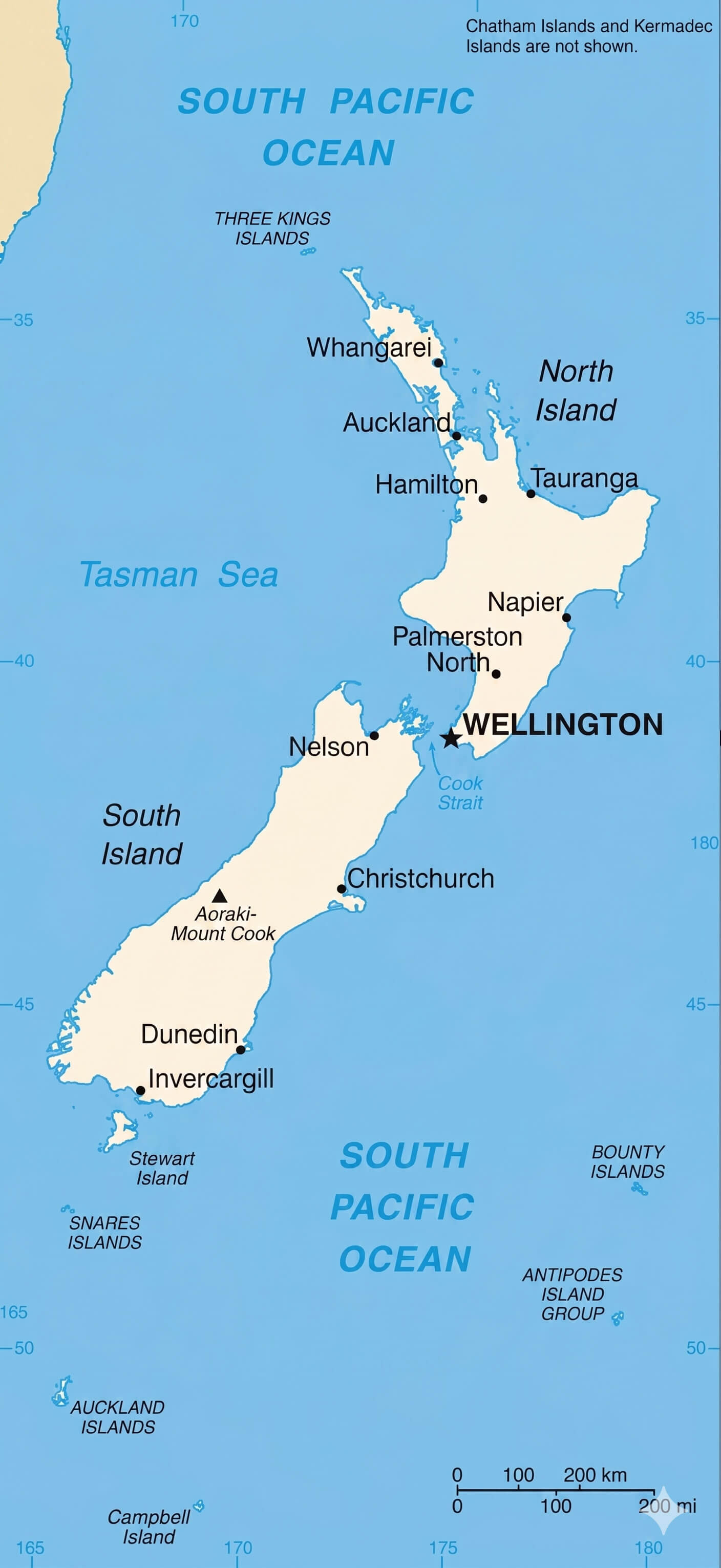 New Zealand country map with major cities