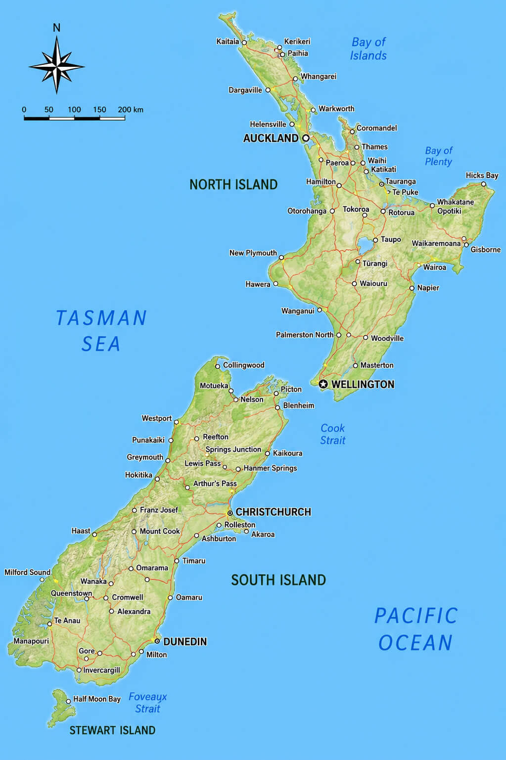 New Zealand detailed geographic map with Pacific Ocean