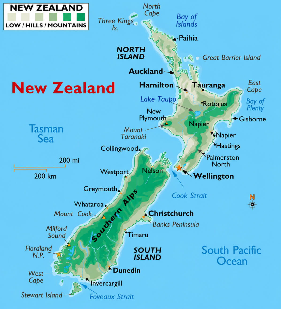 New Zealand physical map with cities