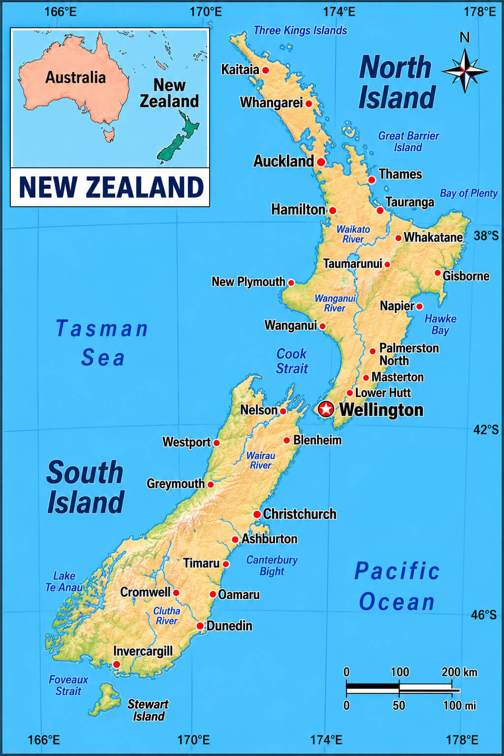 New Zealand political and cities map