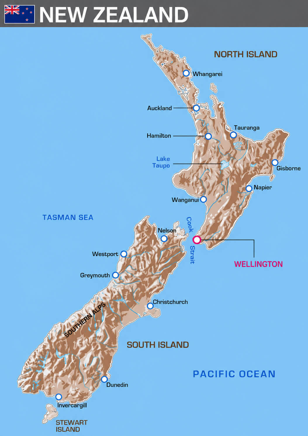 New Zealand relief and terrain map