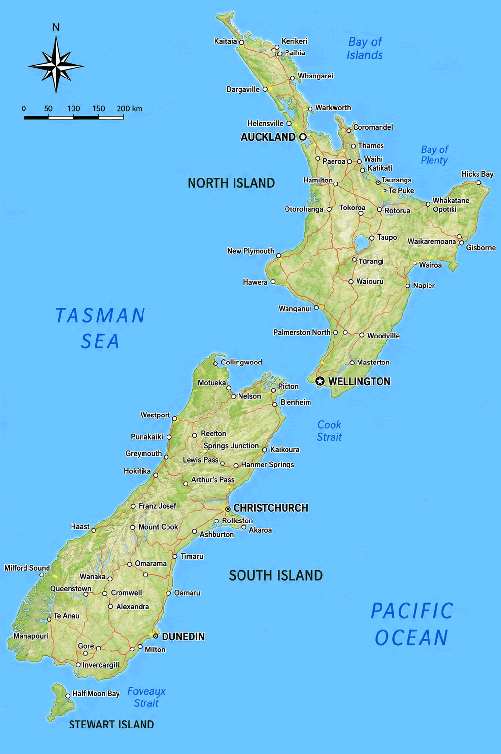 New Zealand topographic physical map