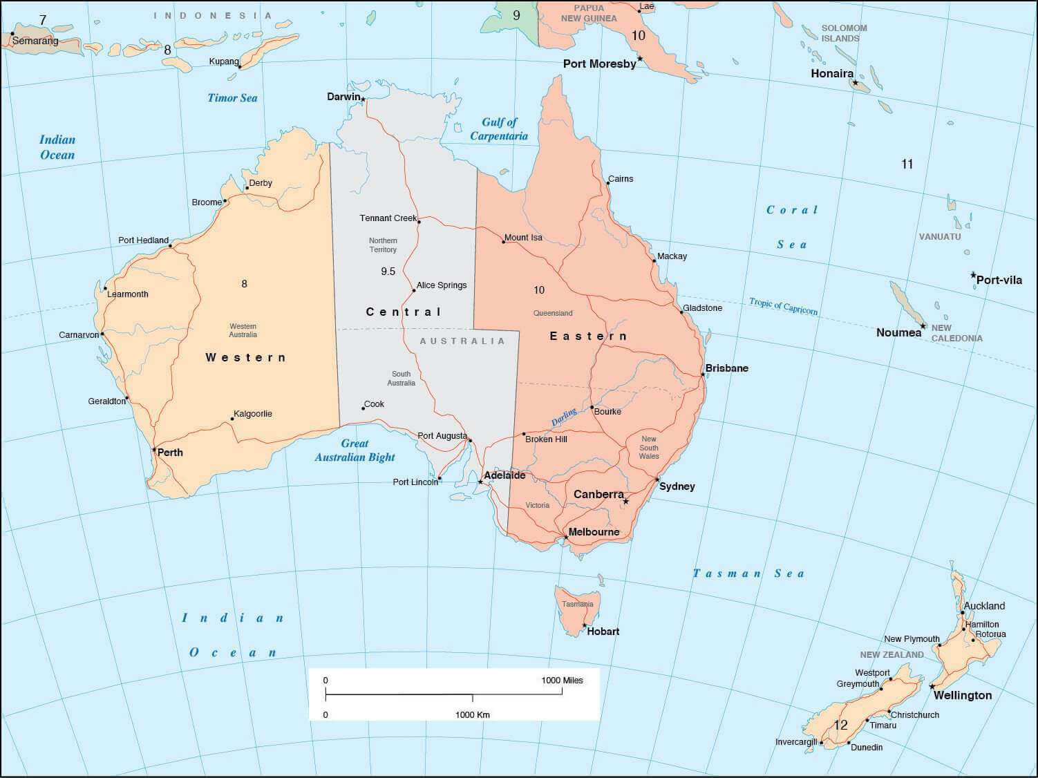 Australia and Oceania time zone map with longitude latitude