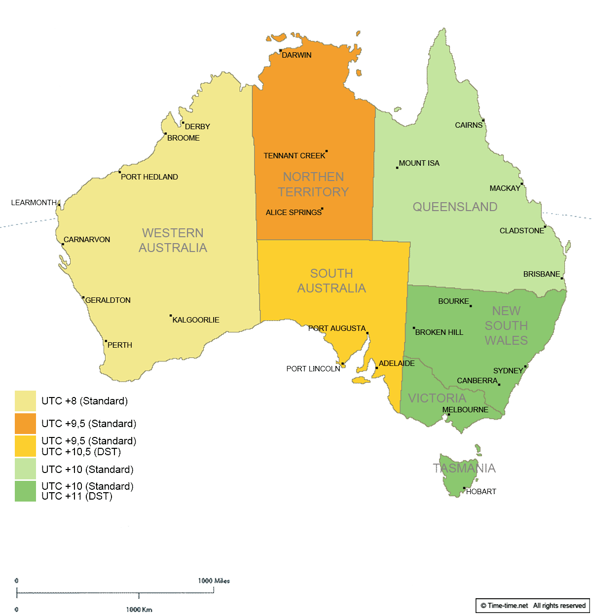 Australia time zone map with UTC