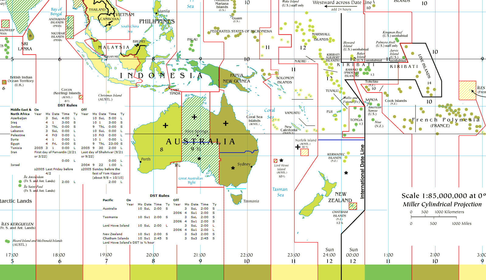 large detailed time zones map of Australia and Oceania