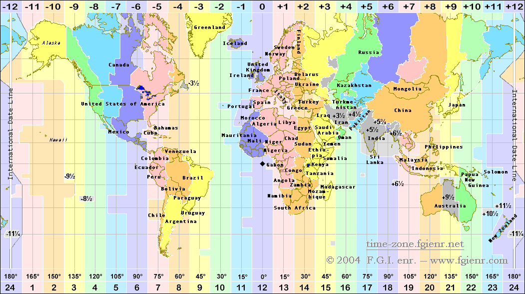 World map of time zones with Oceania
