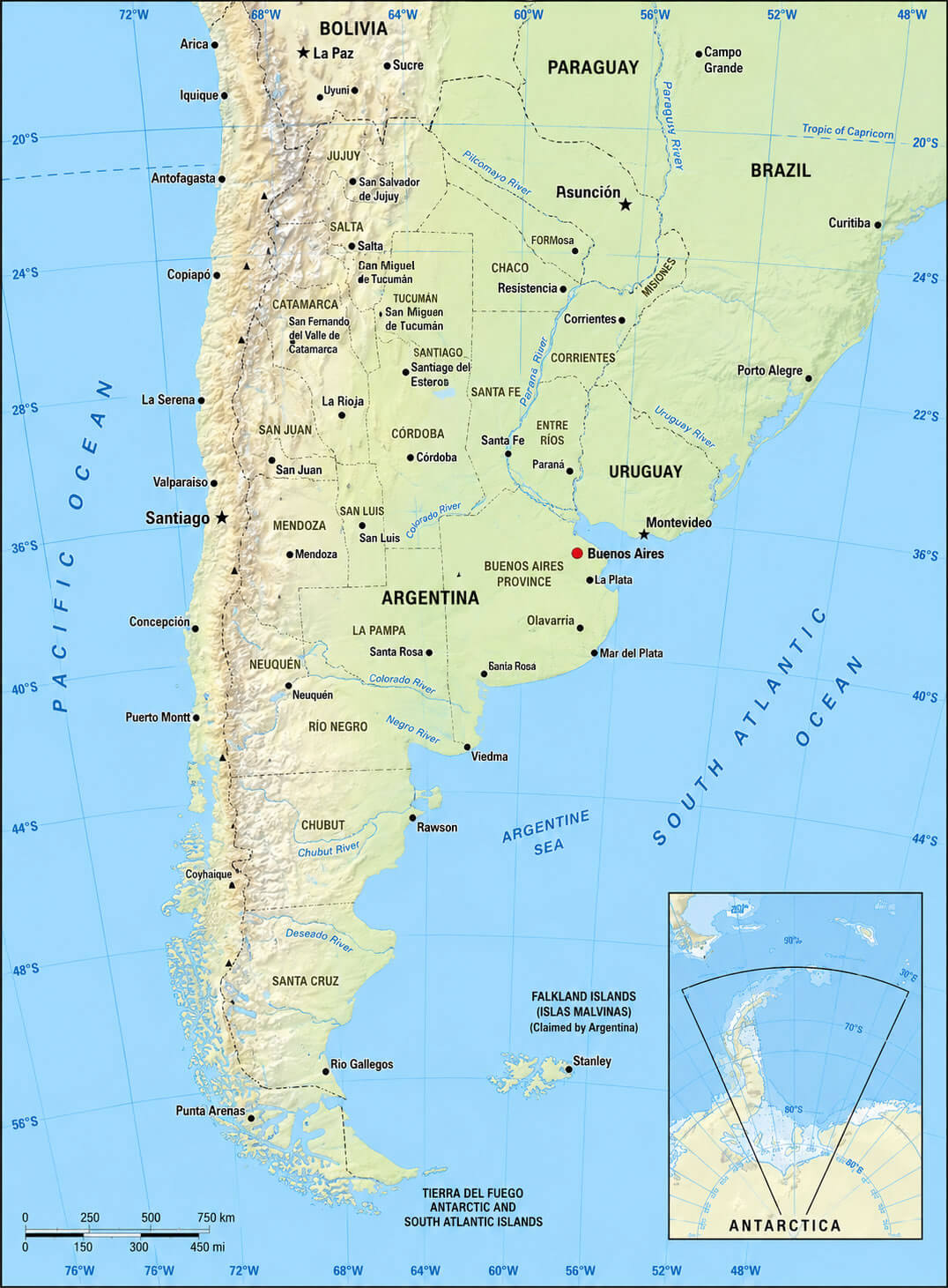 Argentina physical map with Andes
