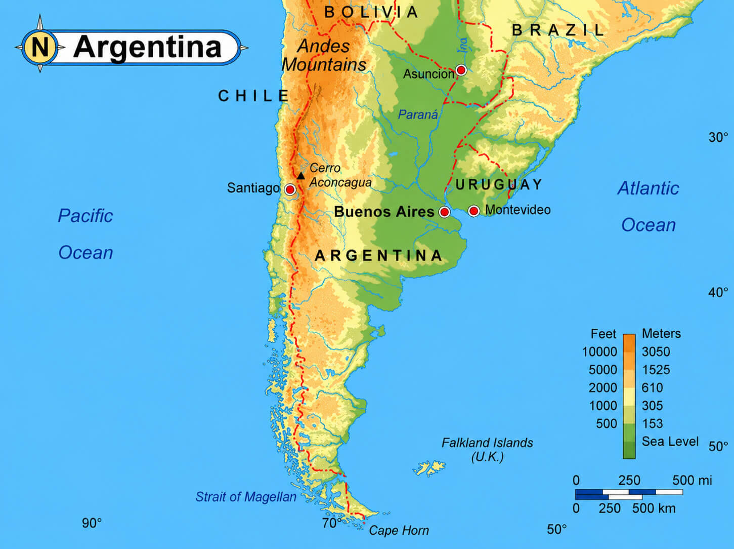 Argentina physical map with elevation