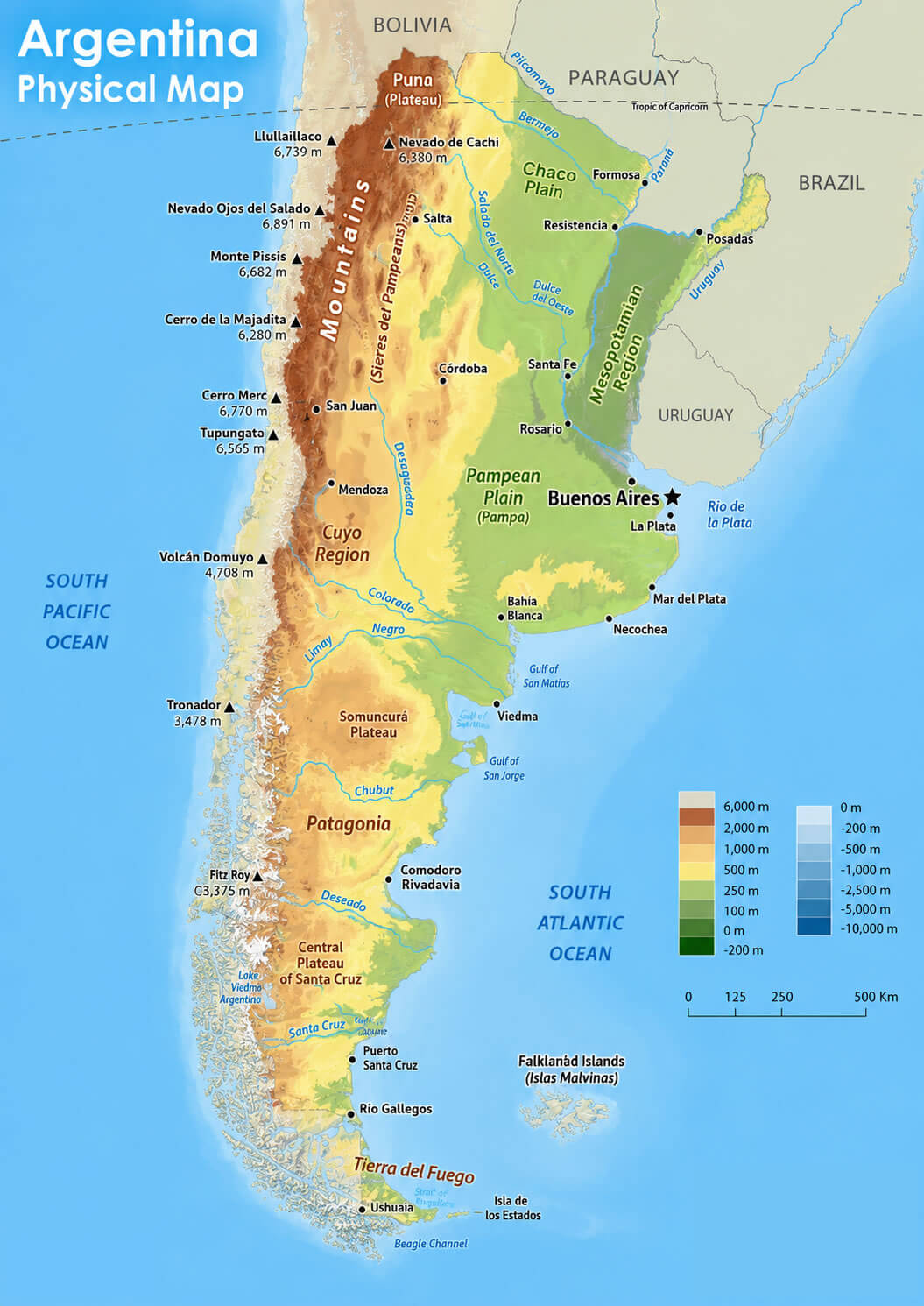 Physical map of Argentina