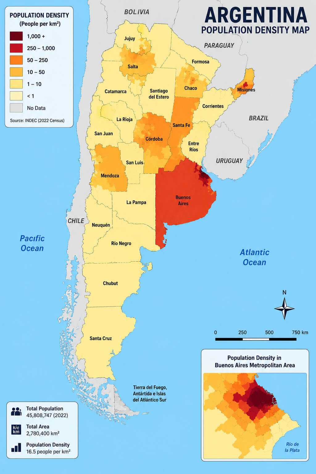 Argentina population density by province map