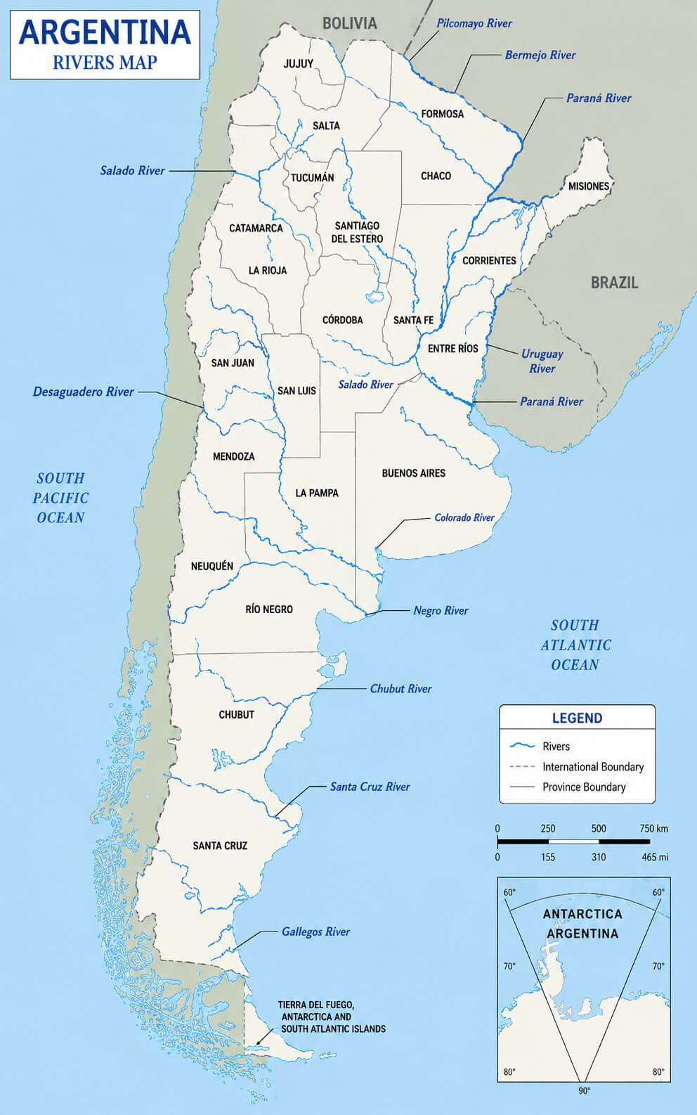 Argentina rivers map with provinces