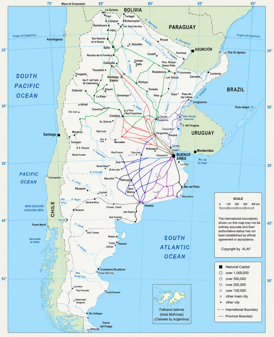Argentina railway map with major cities