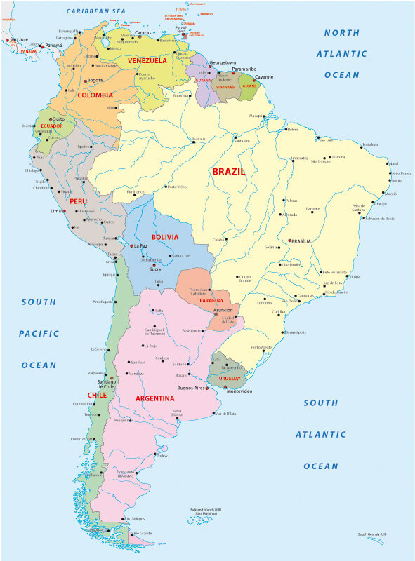 Cities map of South America
