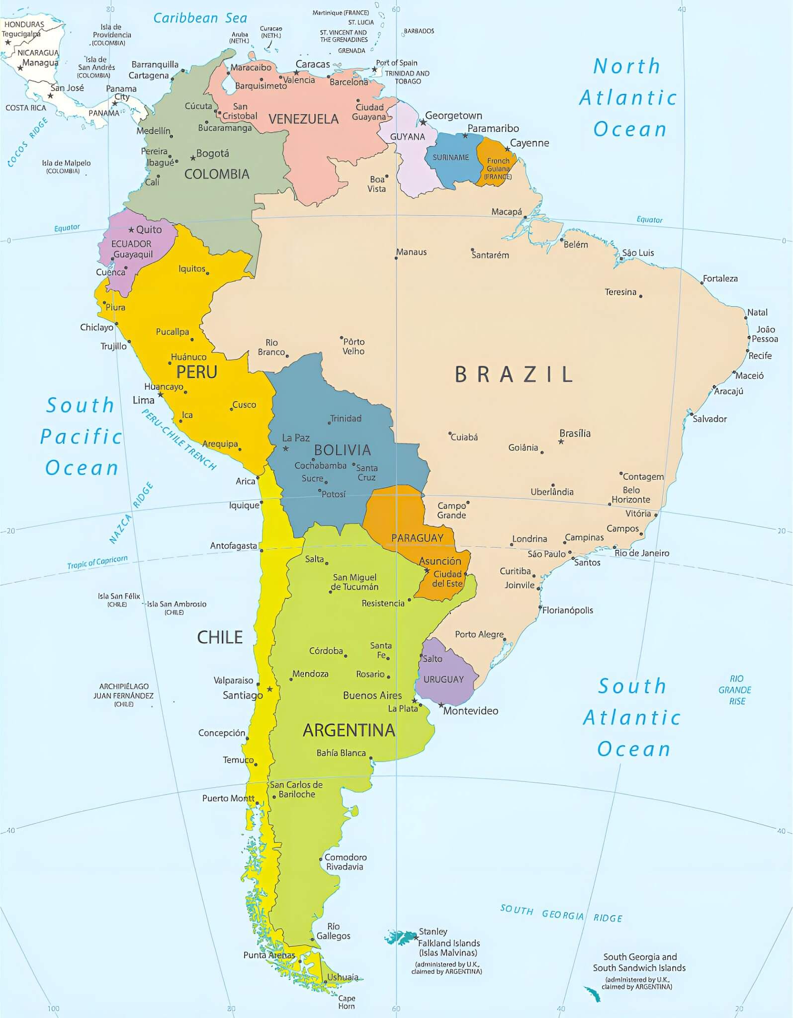Countries capitals and major cities of South America map