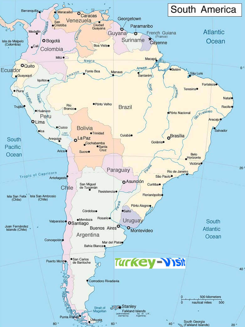 Map of South America with cities