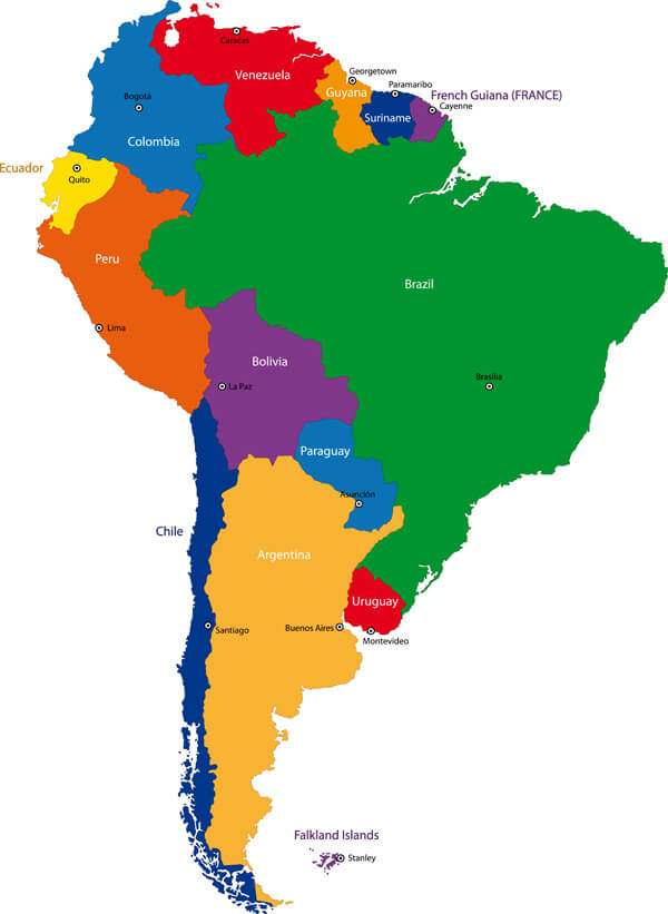 South America blank map with capitals