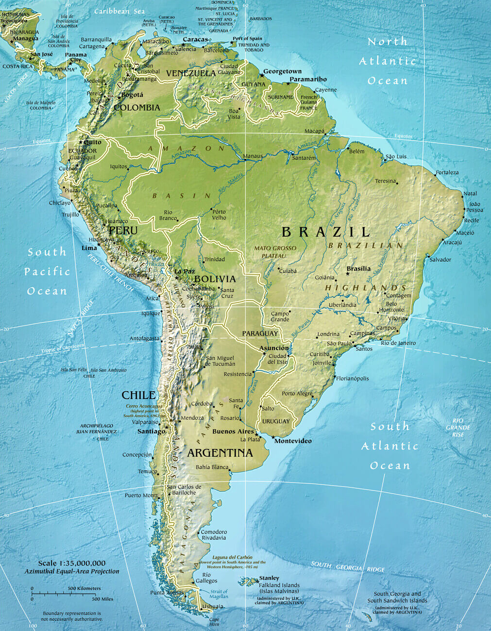 South America cities map with elevation