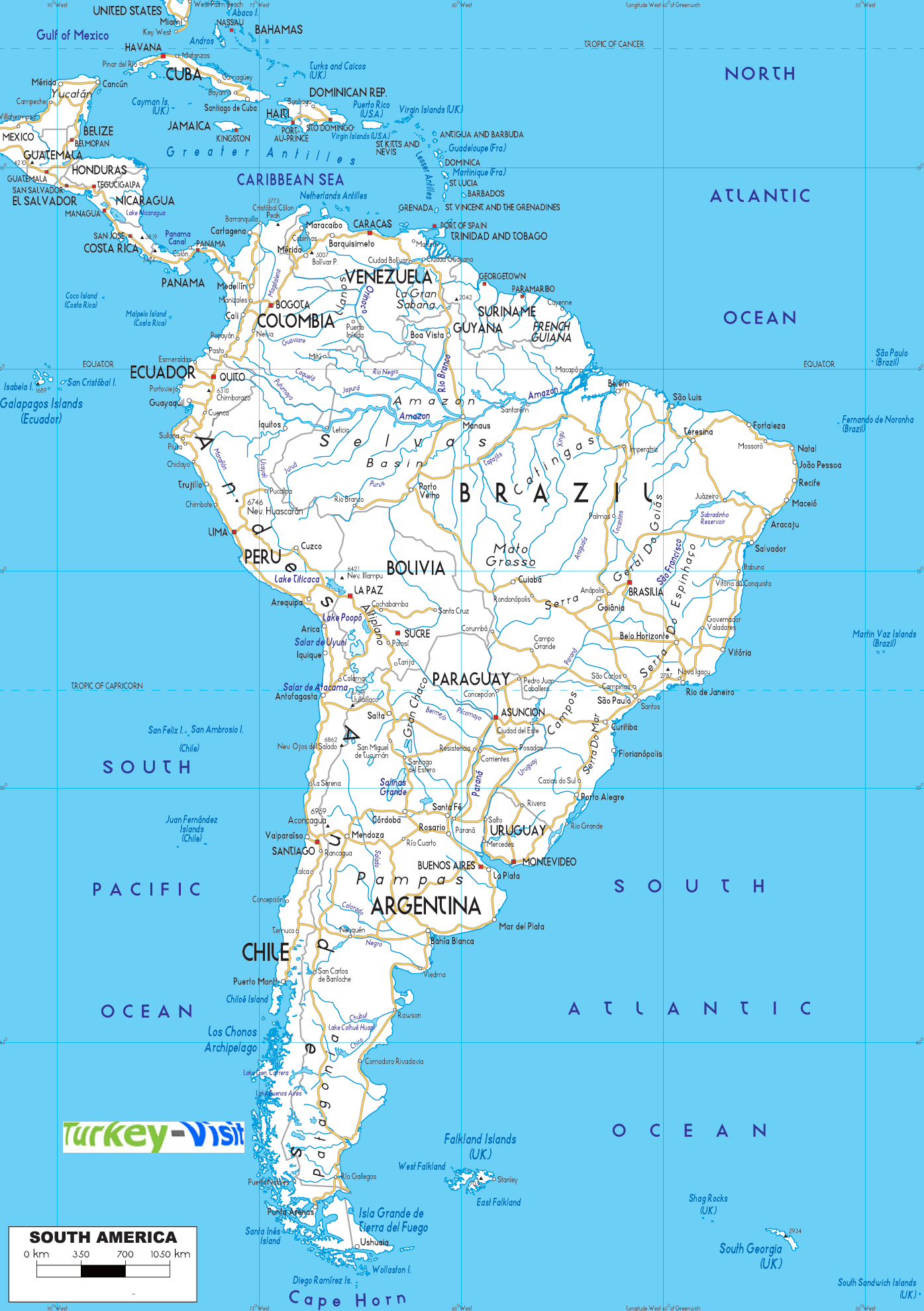 South America cities roads map