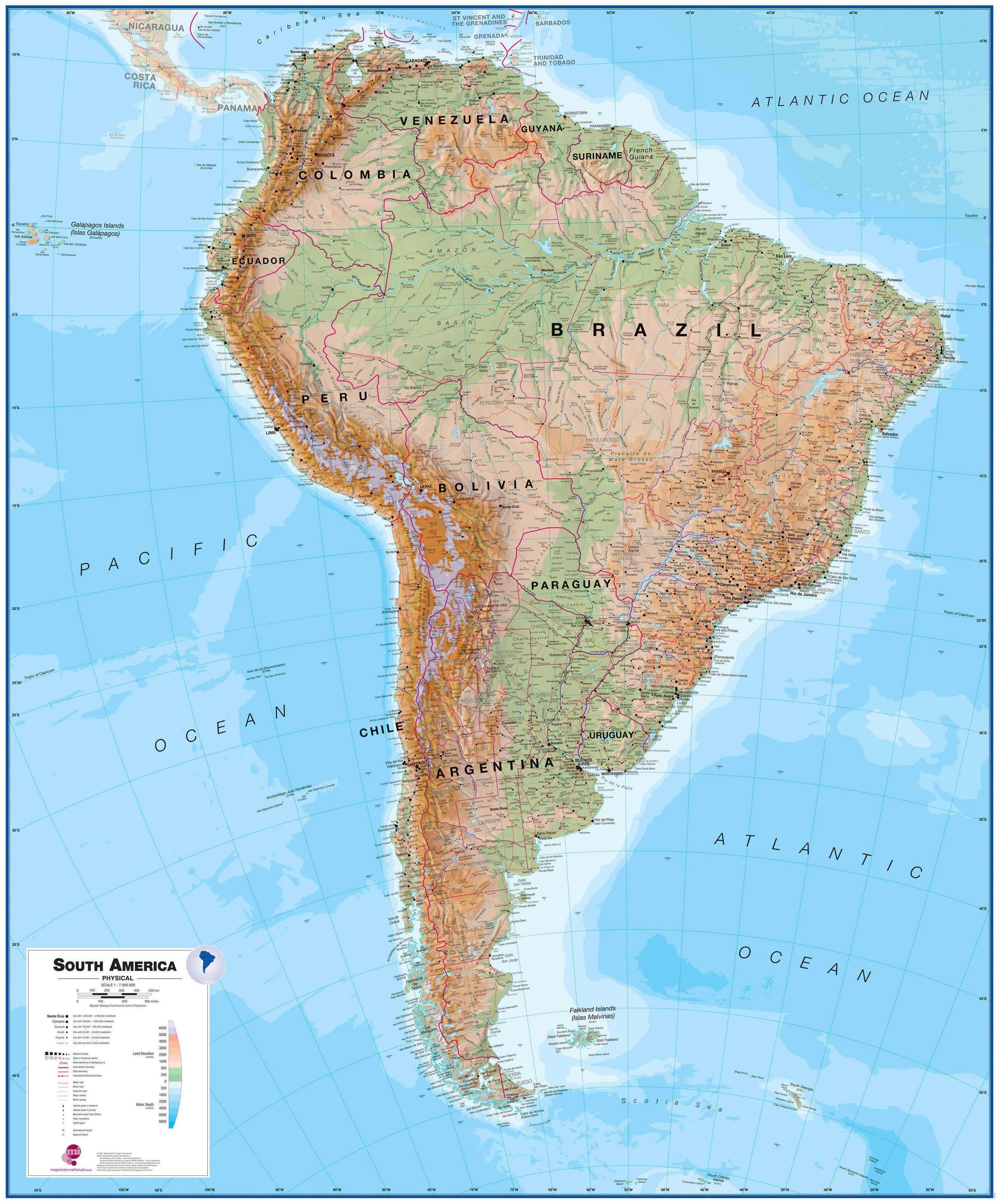 South America cities wall map with countries physical feature