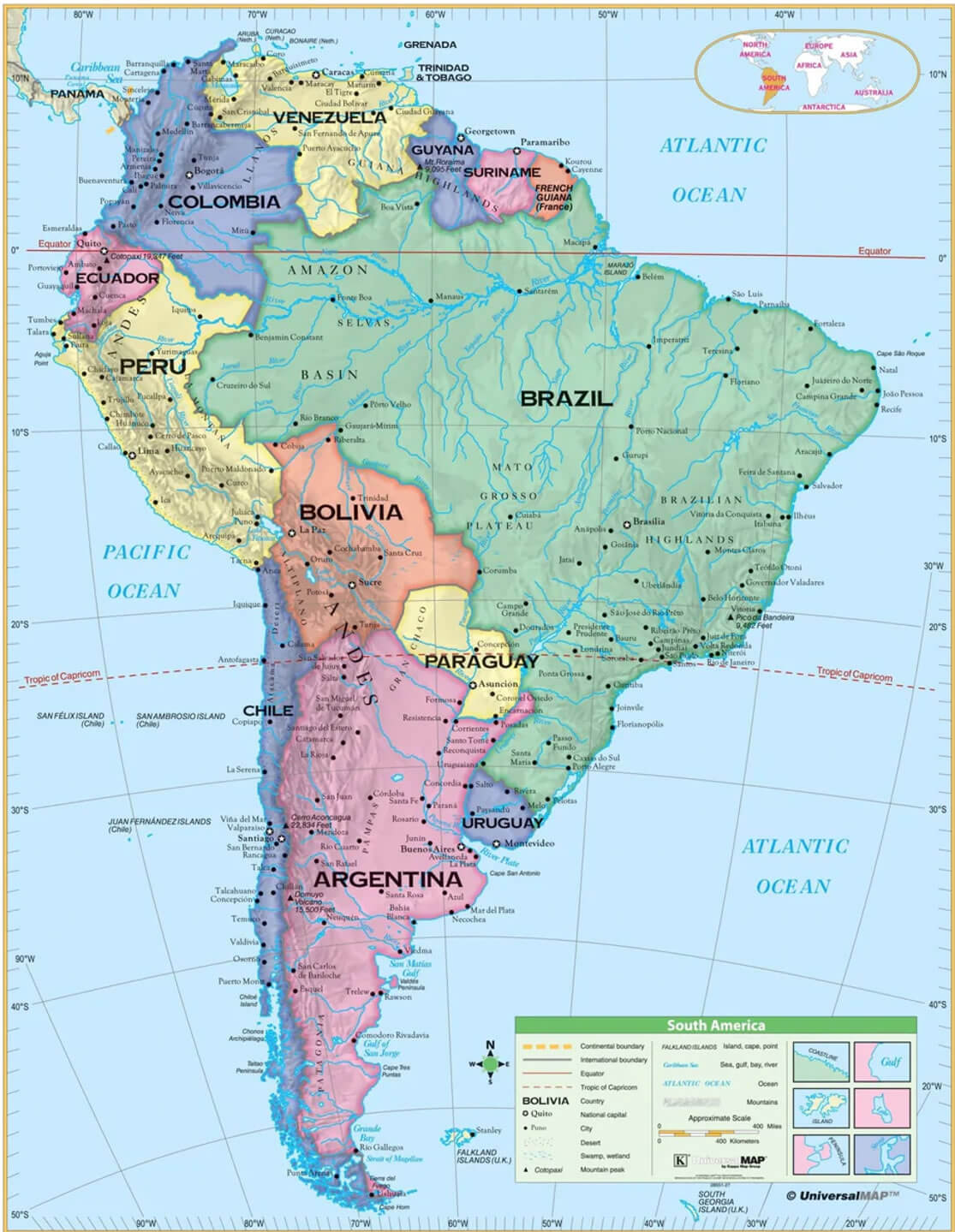 South America countries and cities map