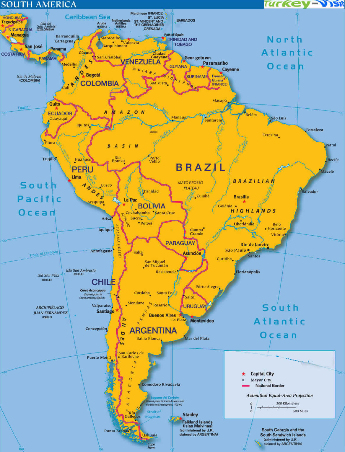South America countries national border map