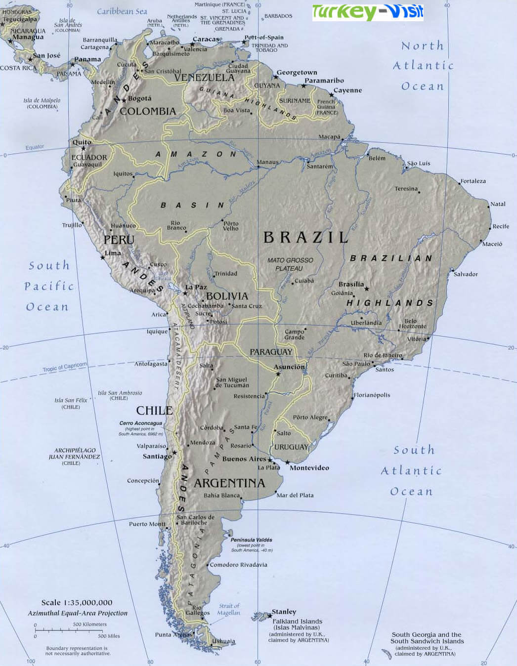 South America longitude latitude map with cities