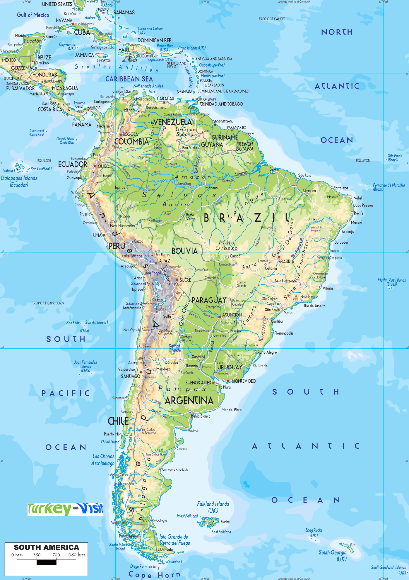 South America main cities physical map