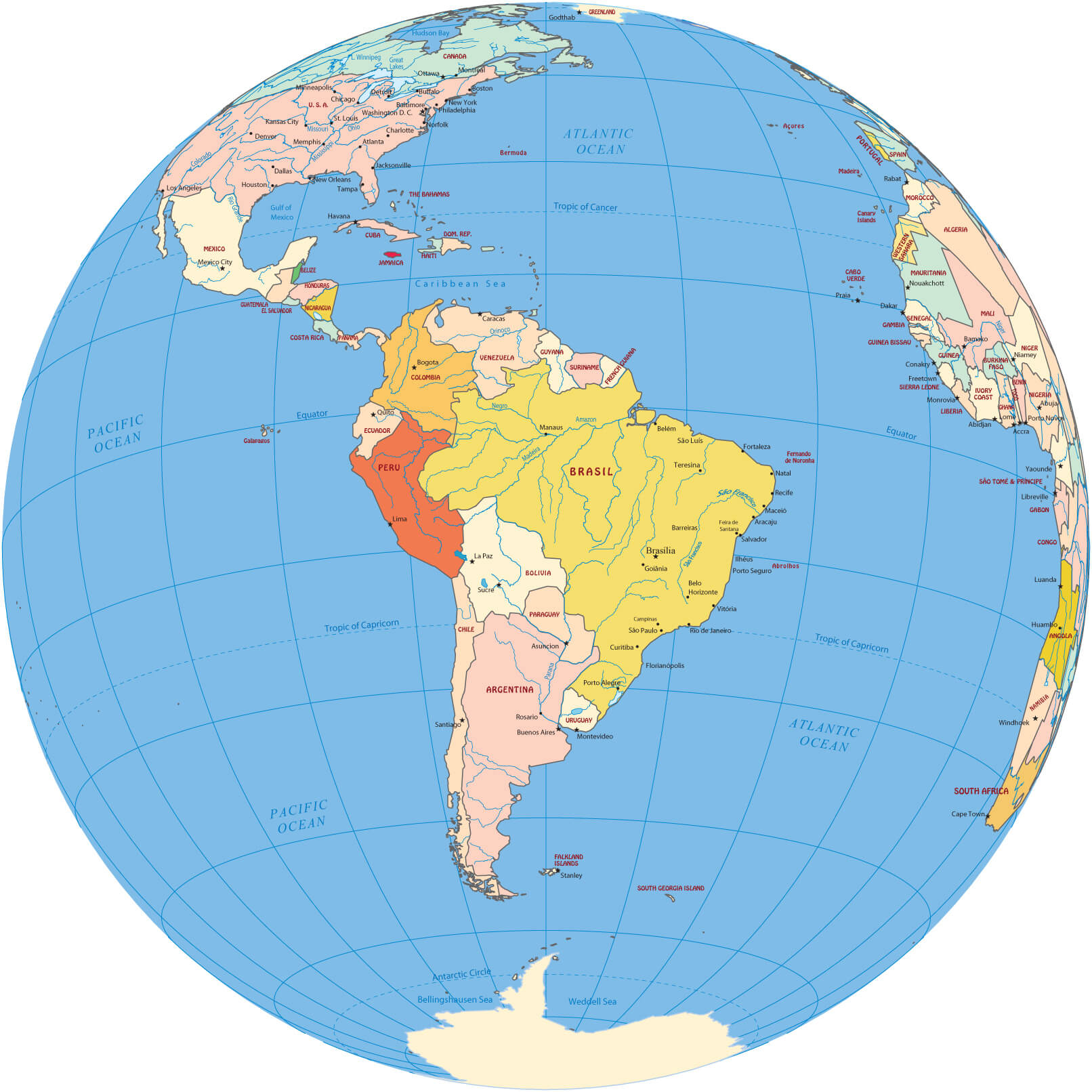 South America major cities and World map