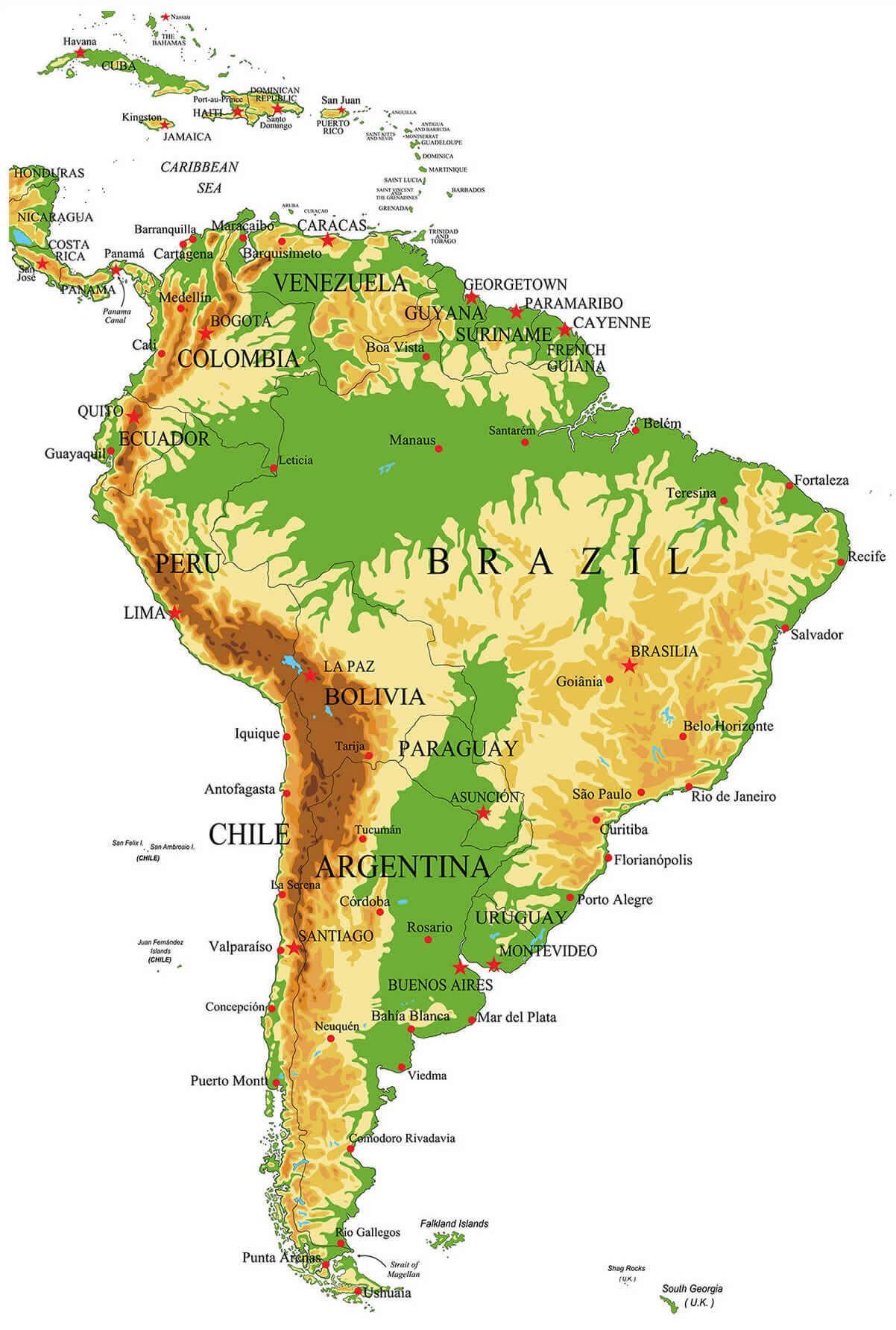 South America physical map with cities