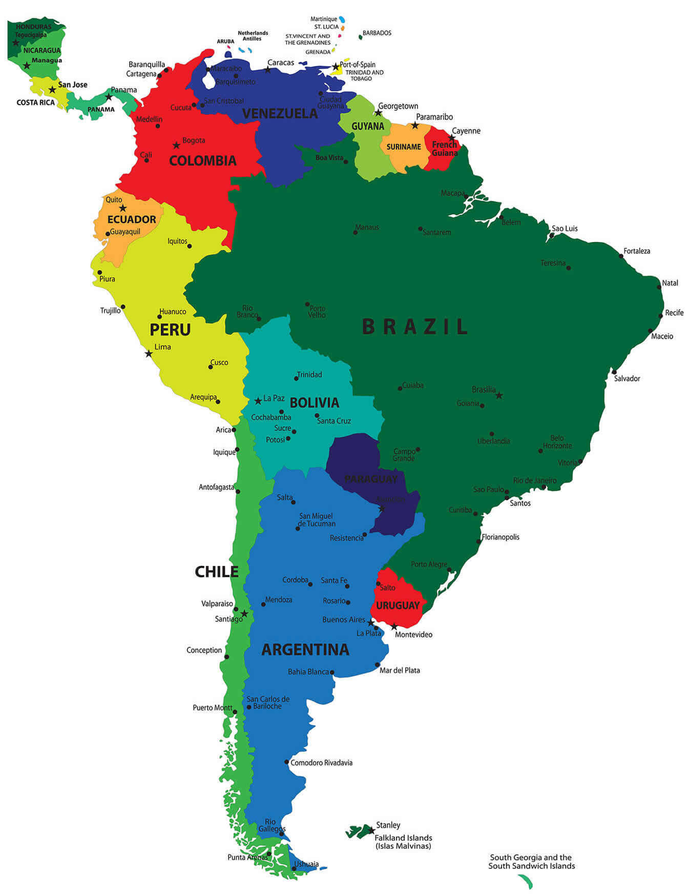 South America political map with cities