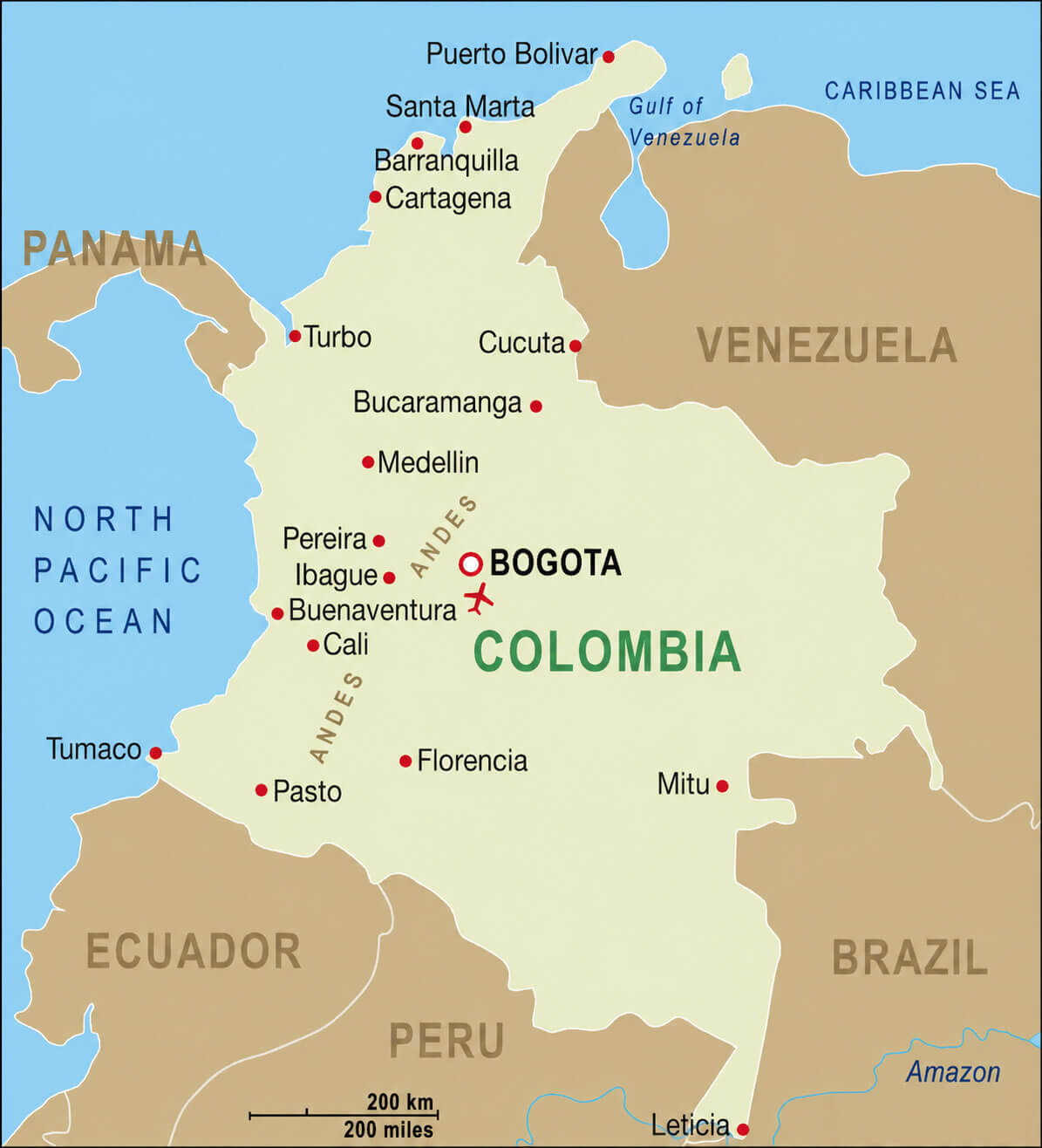 Colombia major cities and bogota map