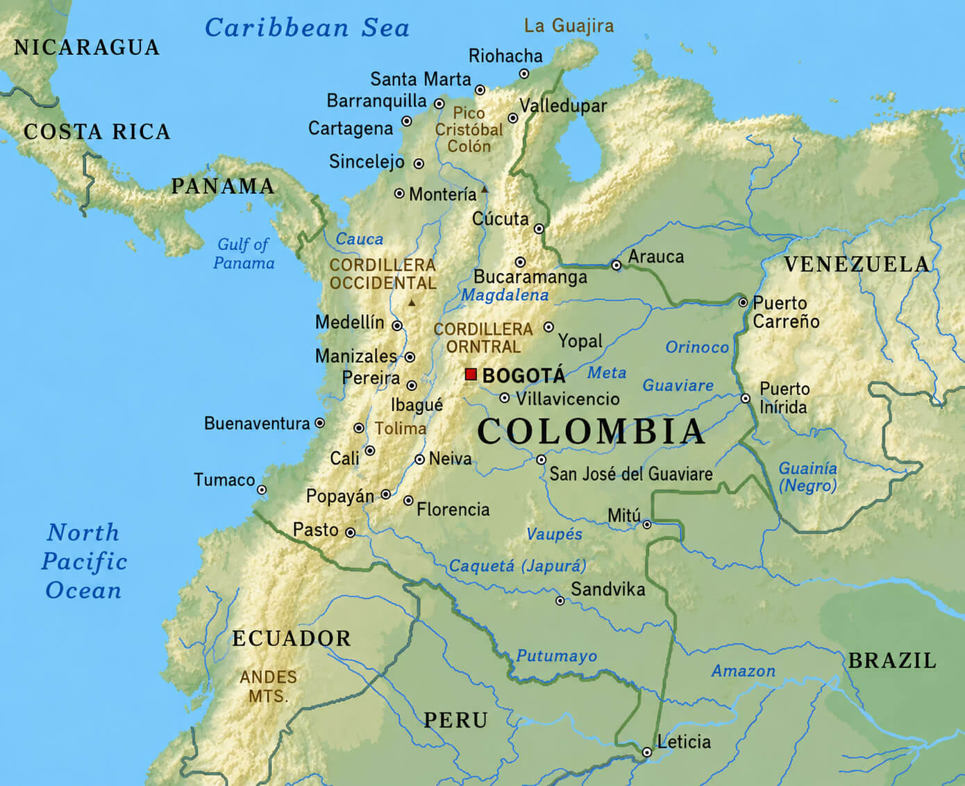 Terrain map of Colombia