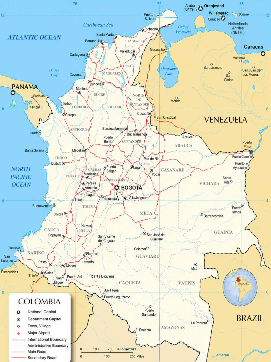 Colombia cities map with roads