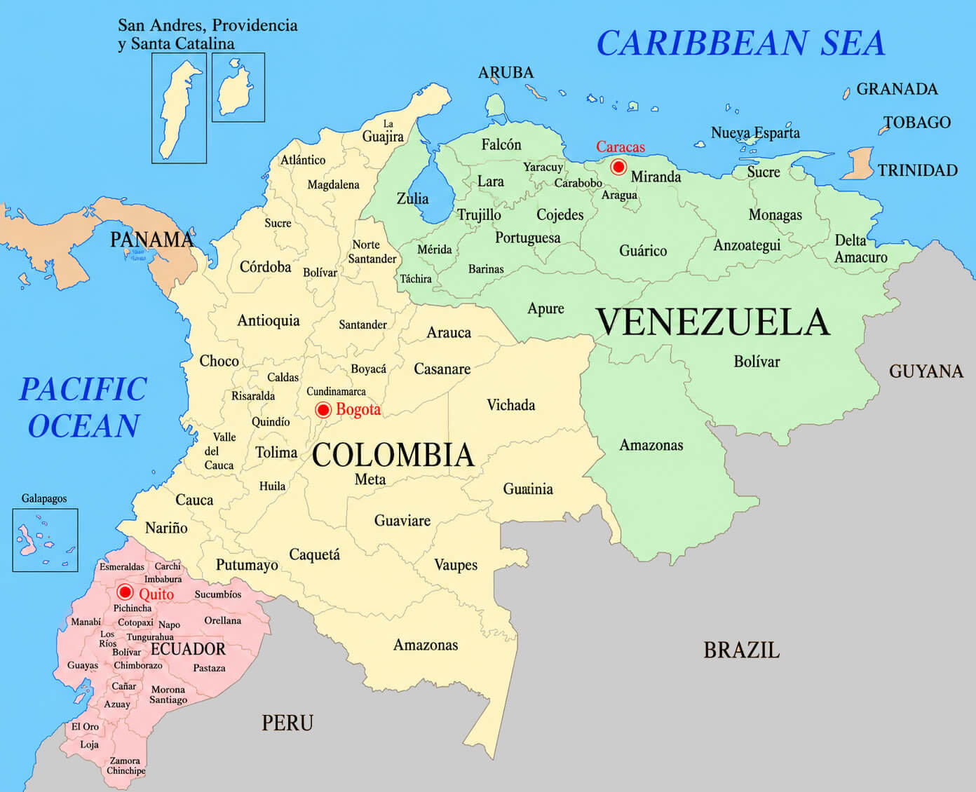 Colombia map with Ecuador and Venezuela