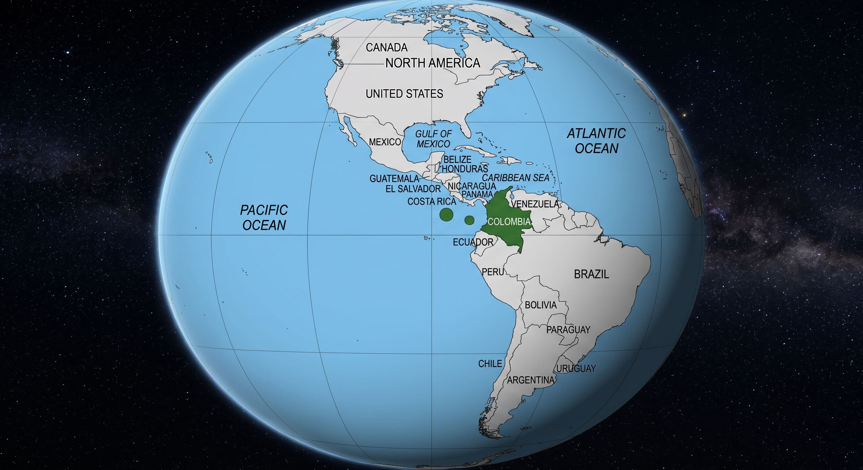 Colombia on World Globe map with space
