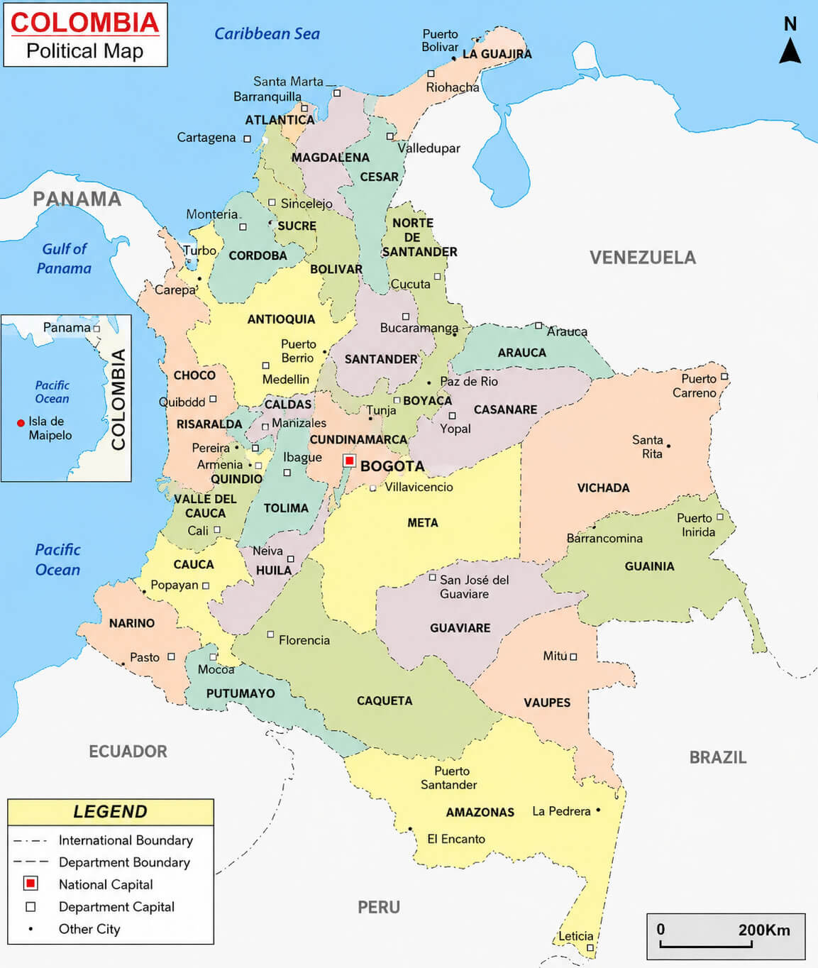 Colombia political map with provinces
