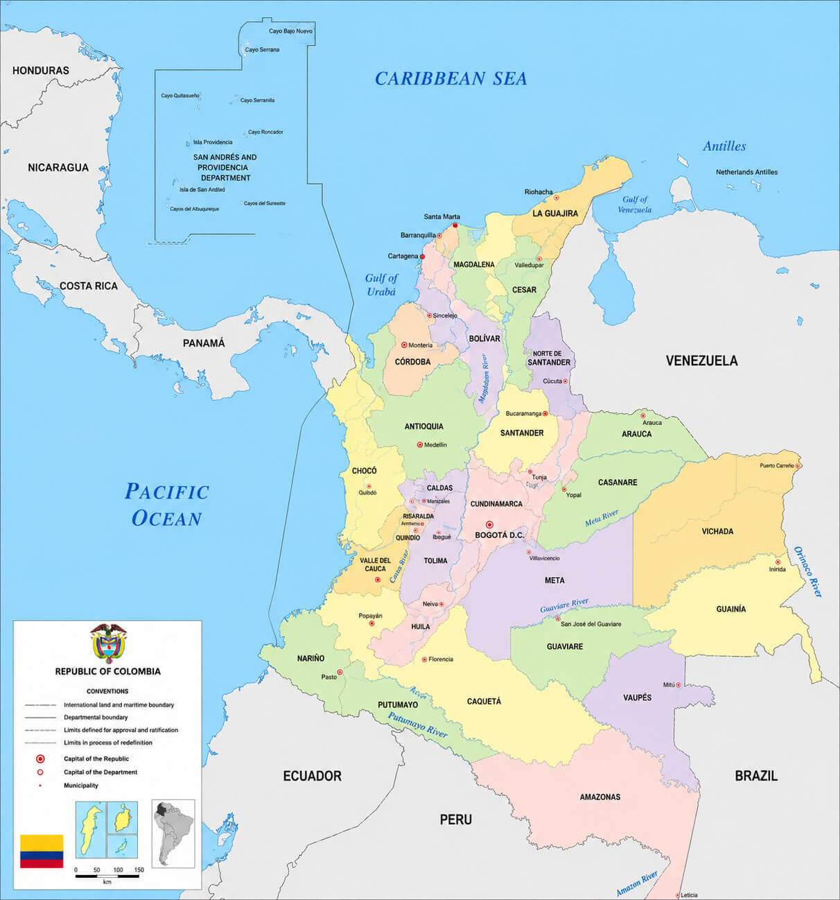 Colombia regions map with cities