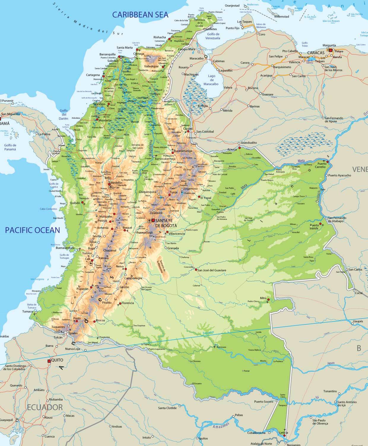 Physical map of Colombia