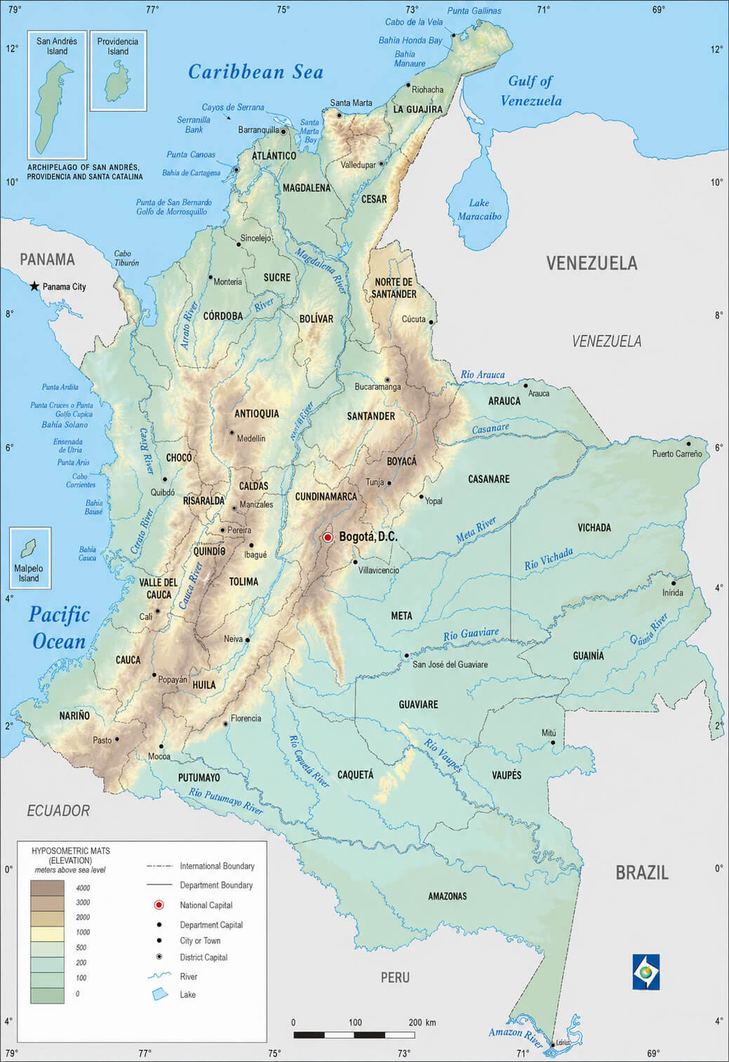 Colombia physical map with elevation