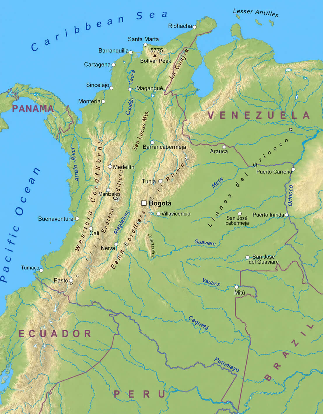 Colombia physical map with rivers