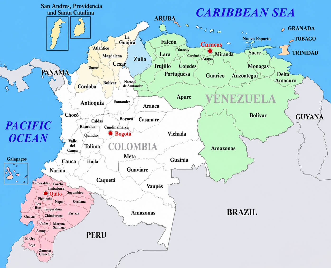 Ecuador Colombia and Venezuela map