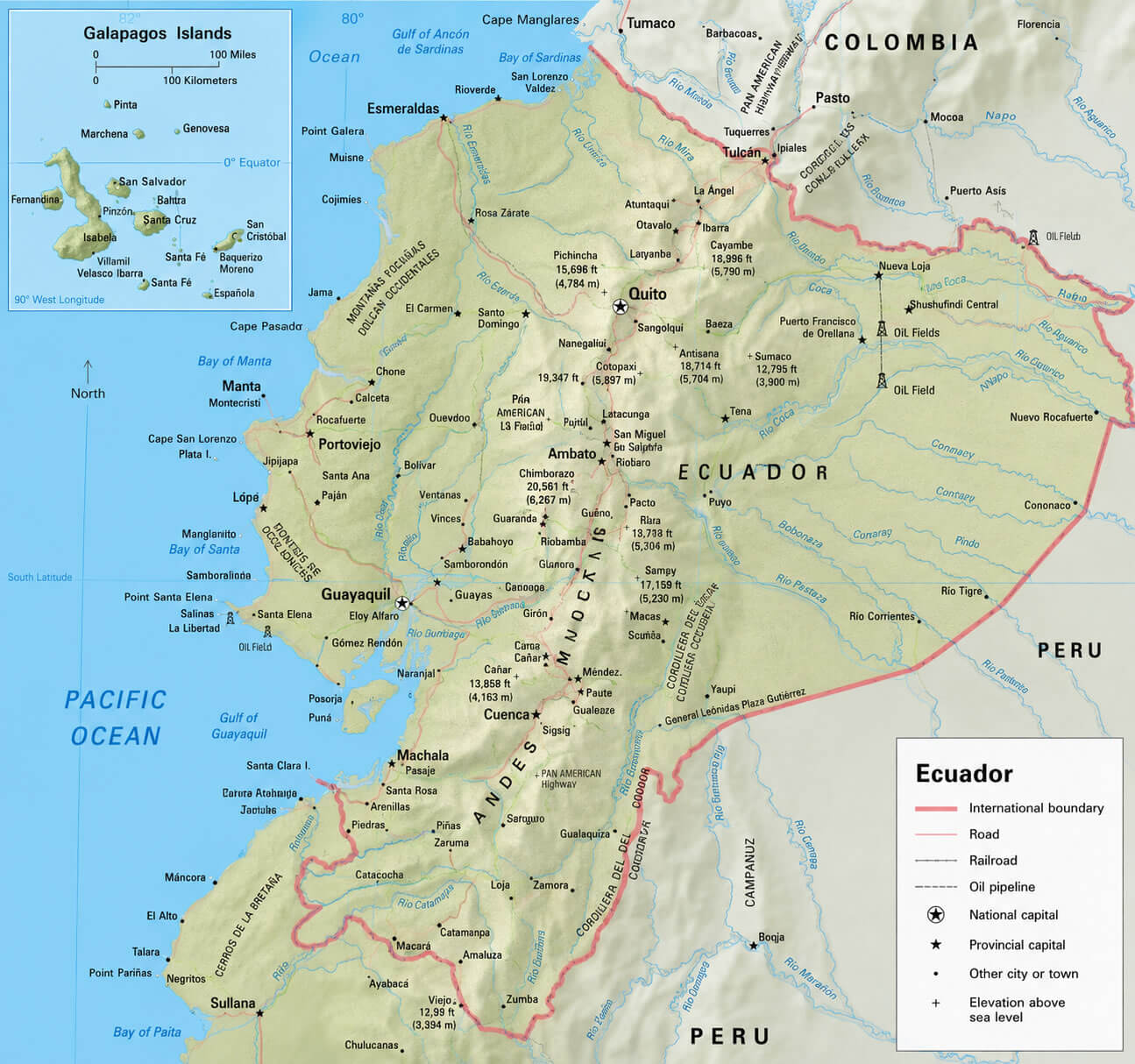 Ecuador physical map with roads