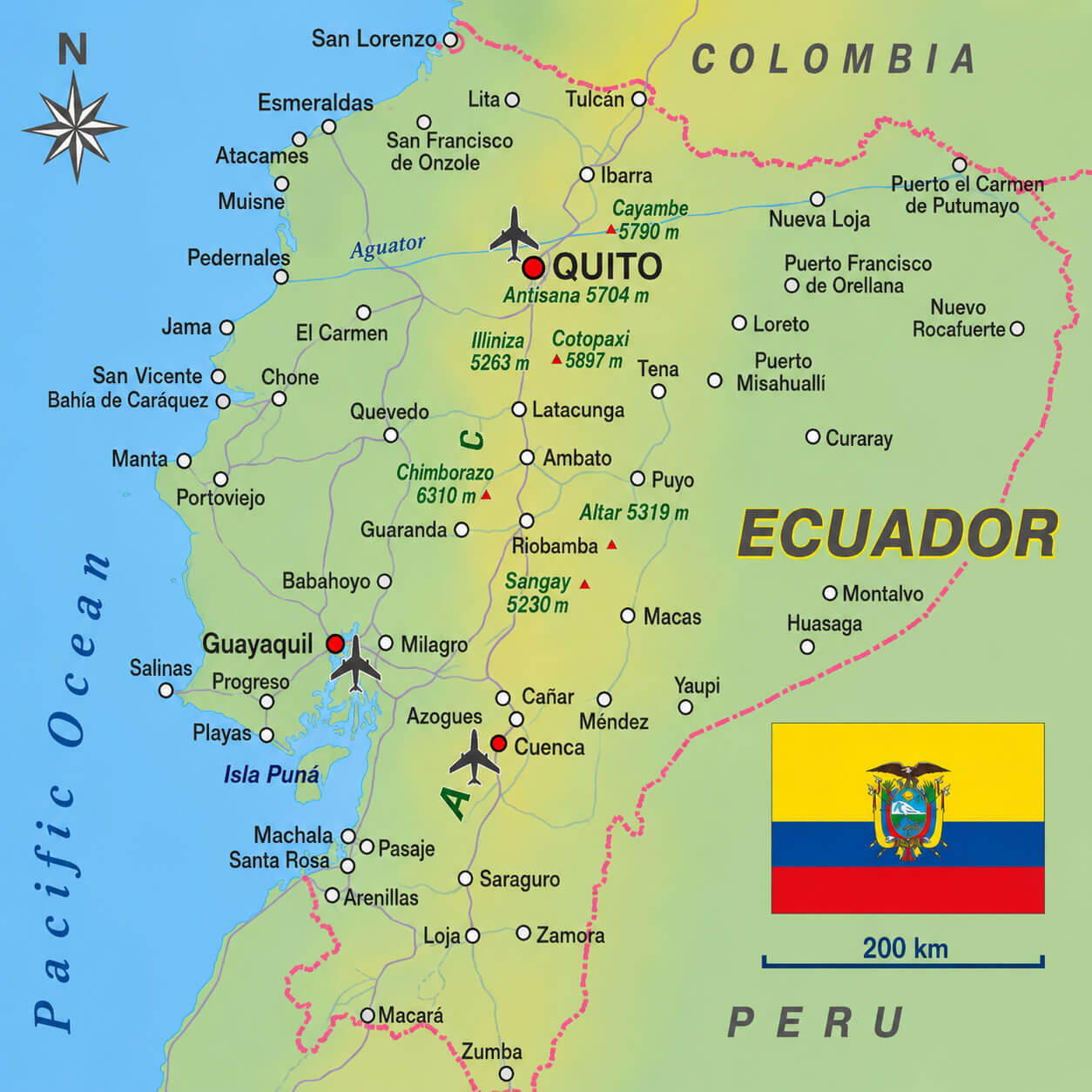 Ecuador cities map with airports